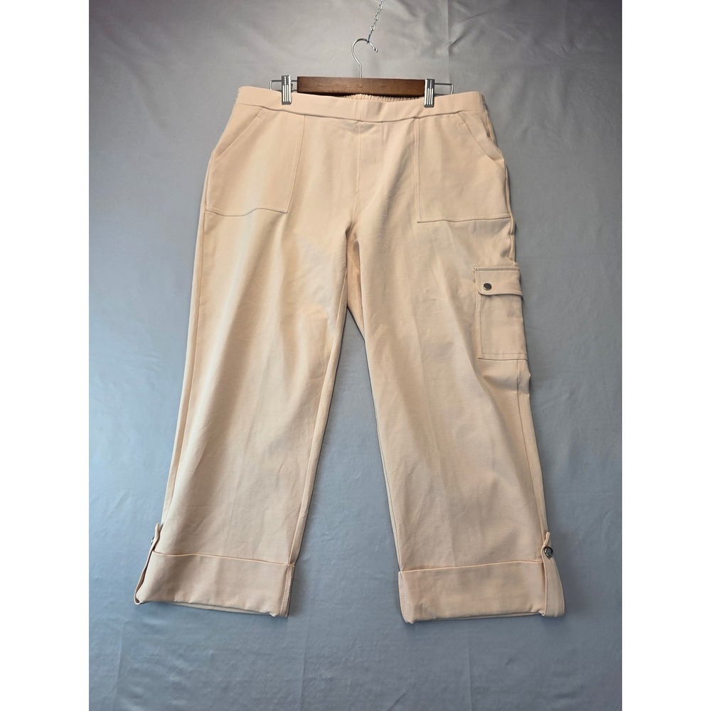 Susan Graver Womens Beige Cargo Crop Pants Size Large Elastic Waist Cotton Blend